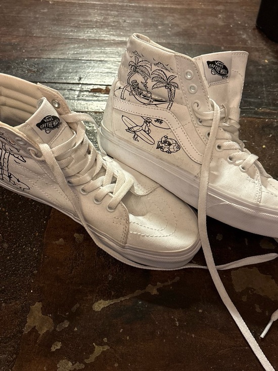 Vans Shoes - Vans White High-Top Canvas Sneakers with Black Surf Graphic